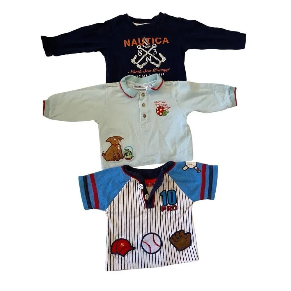 Lot of 3 Boys 12M Long Sleeve Button Up Shirts Baseball T Shirt Jersey Casual